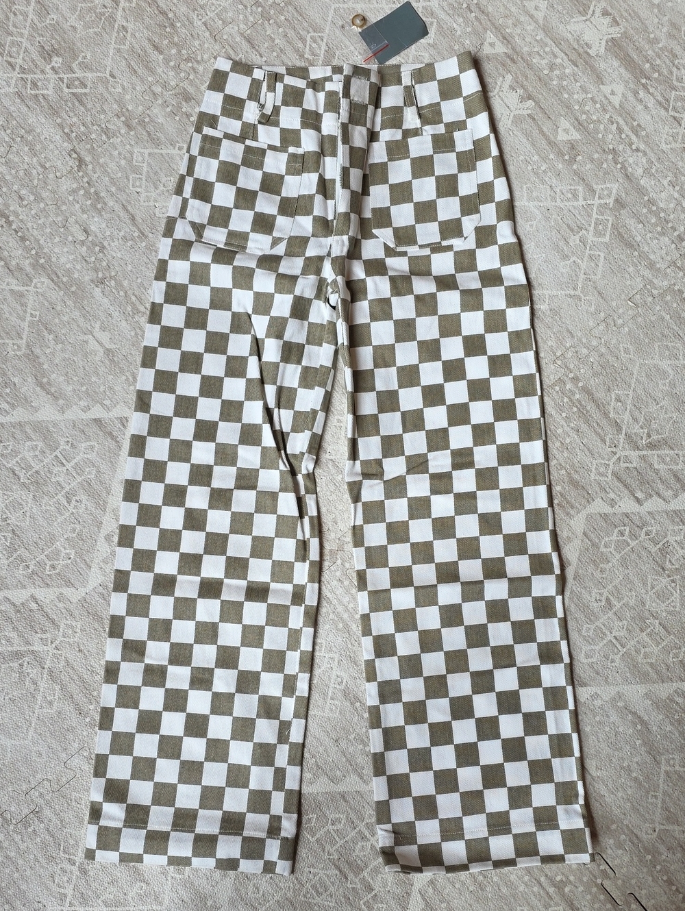 Papermoon Olive and White Checkerboard Wide-Leg Jeans